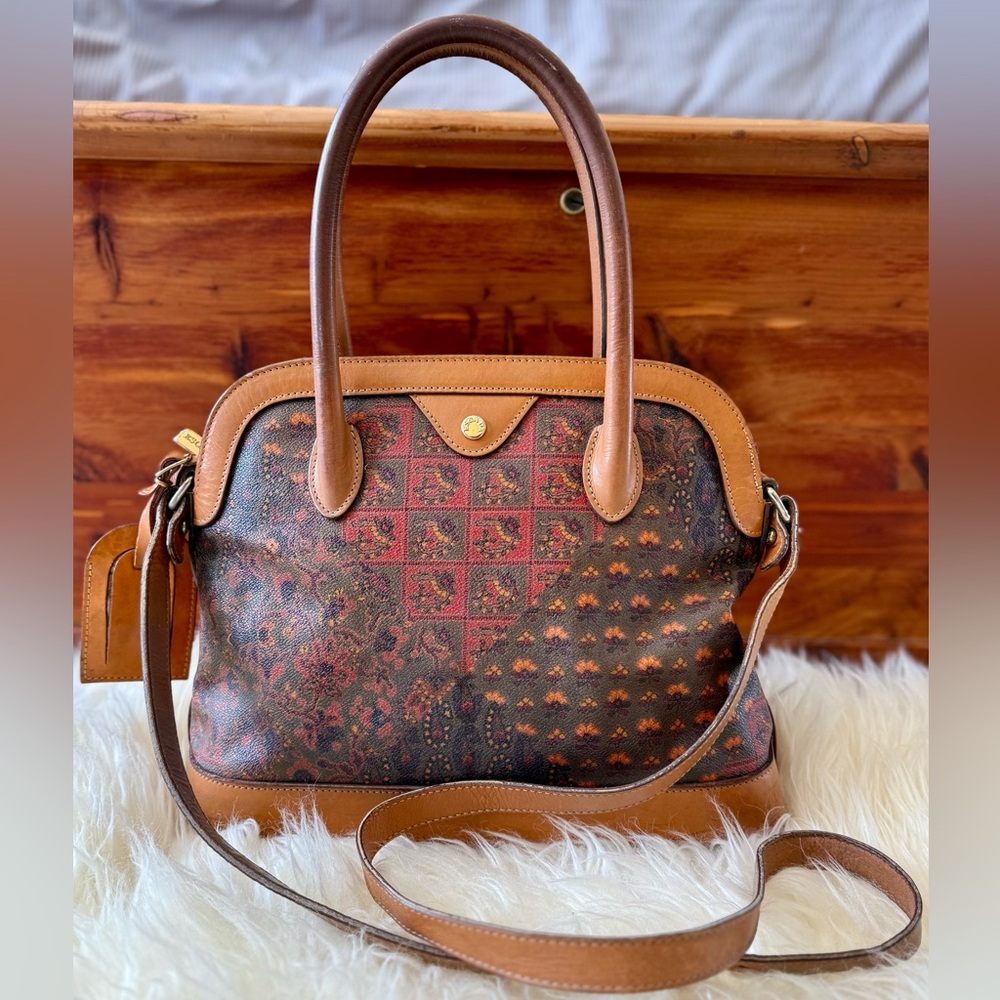 Vintage Escada Handbag Paisley Leather Canvas Purse Brown Red Green Patina